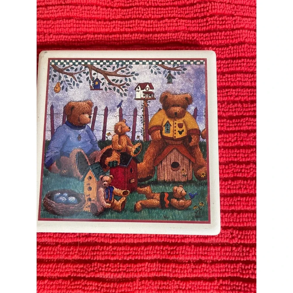 Stone Art Absorbent Stone Coaster Set of 4 Teddy Bear Garden Scene Cork Backing